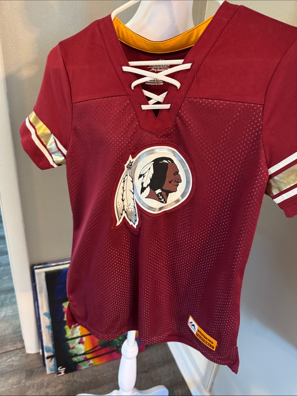 Majestic Burgundy Small Womens Lace-Up Football Jersey with Gold Trim